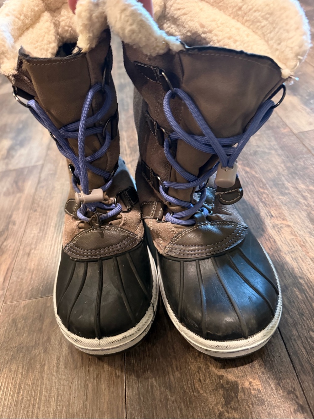 Kids Waterproof Brown Snow Boots with Purple Laces
